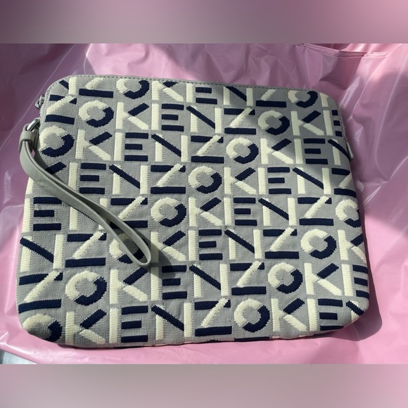 NEW Kenzo Tri Color Printed Logo Knit Fabric Zipped Wristlet Pouch - Picture 2 of 12